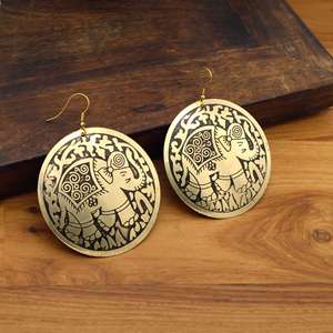 Wholesale Indian Handcrafted Brass Elephant <b>Disc</b> Earrings | Antique <b>Gold</b> Tone Engraved Round Dangle Ethnic Fashion Jewelry - Product Image 3