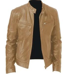 Chaqueta de cuero para motocicleta para hombre, cuello levantado, informal, ajustada, corta, de cuero marrón, chaqueta de cuero para hombre, cuello de piel sintética de invierno para hombre - Product Image 4