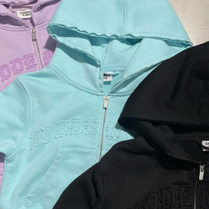 Giacche con <span class=keywords><strong>cappuccio</strong></span> con Applique personalizzate da donna con Zip spessa 100% cotone francese spugna toppa ricamata Top ritagliato con <span class=keywords><strong>cappuccio</strong></span> da donna - Product Image 2