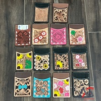 Cartera de cuero de vaca con diseño de girasol a la moda, tarjetero de estilo occidental, cuero mecanizado a mano, RFID, monedero delgado para tarjetas de crédito para Unisex