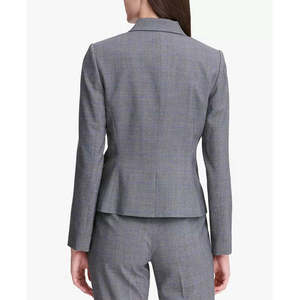 Calvin Klein Women's Glen Plaid Two-Button Blazer <b>Silver</b> Double-Breasted <b>Jacket</b> with Embroidery Woven Pattern Size 12 - Product Image 2