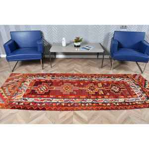 Alfombra Turca Vintage de 3.2x9.2 pies (97x281 cm), Alfombra Kilim Roja Naranja con Diseño Floral - Product Image 3