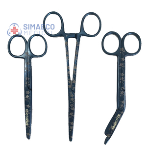 Juego de Instrumentos de Enfermería Manual de 3 Piezas: Pinzas Arteriales de 6 Pulgadas, Tijeras de Enfermería de 5 Pulgadas, Tijeras para Vendajes de 5.5 Pulgadas - Diseño Floral Azul - Product Image 1