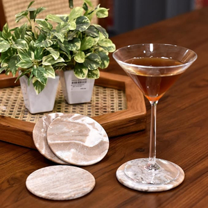 <b>Set</b> of <b>4</b> Brown <b>Marble</b> Stone Coasters <b>Round</b> Shape Decorative Coasters Handmade Coaster <b>for</b> Kitchen and <b>Dining</b> Use - Product Image 1