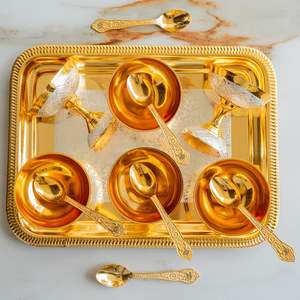 Juego de 6 Tazones para Helado Plateados y Pulidos en Oro, con Cucharas y Bandeja, para Ocasiones Festivas como Diwali - Product Image 3