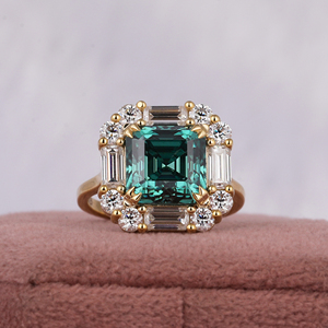 แหวนหมั้นผู้หญิงเงินแท้ 925 ชุบทอง ประดับเพชรแล็บโกรว์ทรง Asscher ล้อมเพชรแบบ Halo ได้รับการรับรองจาก IGI ขนาด 3.00-3.50 มม. - Product Image 1