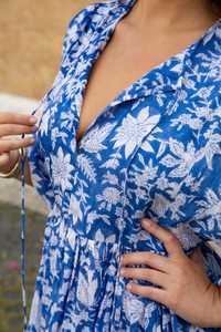 Vestido Midi de Algodón con Estampado de Bloques Azul Rey, Vestido Informal Bohemio para Mujer - Product Image 4