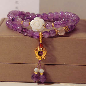 Bracelet extensible unisexe en perles d'améthyste de 12 mm, design personnalisable, inspiré du bouddhisme et de la Bohème, perles et diamants, cadeau de luxe pour les fêtes - Product Image 1