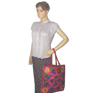 Estilo bohemio audaz para bolso de mano bordado floral Rosa Gran capacidad Cierre de cremallera portátil Algodón Diseño de compras artísticas - Product Image 3