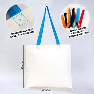 กระเป๋าผ้าฝ้ายสีน้ำเงิน หูหิ้วสีน้ำเงิน ขนาด 16 x 14 นิ้ว (40 x 35 ซม.) สีน้ำเงินล้วน ผ้าฝ้าย 100% ทนทาน เป็นมิตรกับสิ่งแวดล้อม แบบเปิดปิด - Product Image 2
