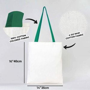 Bolsa de Mano de Lona de Algodón con Asa Verde, Diseño en Blanco de 14 x 16 Pulgadas (35 x 40 cm), Bolsas de Lona de Algodón Ecológicas y Elegantes - Product Image 1