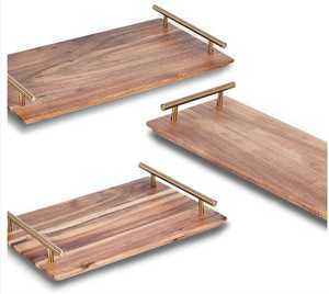 Venta al por mayor 3-Pack de bambú y artesanías de madera Bandeja de almacenamiento para servir con mango de metal para cocina y baño Venta caliente - Product Image 4