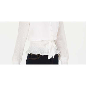 Camicetta da donna in chiffon bianco con colletto arricciato e laccetti frontali, fantasia a righe, stile grazioso, lunghezza corta, taglia XL/M per primavera autunno - Product Image 3