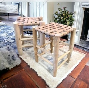 Moroccan Bamboo Woven Foot <b>Stool</b> with Beautiful Stained Leather <b>Stool</b> Living Room Entry Outdoor <b>Garden</b> Use Bone Inlay Console - Product Image 6