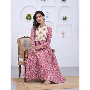 Pink Cotton <b>Block</b> <b>Printed</b> Anarkali Dress Georgette Material Pakistani-Indian Style Salwar Kameez Saree - Product Image 6
