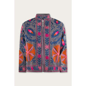 Soft Grey Velvet Embroidered <b>Jacket</b> Reversible Pink and Orange Floral Suzani Embroidery XL Size Outerwear for Autumn Winter - Product Image 1