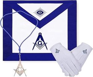 Conjunto de insignias masónicas, delantal de maestro masón, guantes, cordón con joya y estuche de transporte, conjunto de kit masónico con brújula y compás con ribete azul - Product Image 2