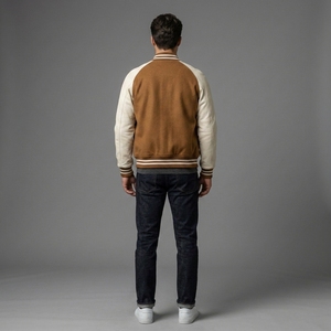 Men's Brown Wool <b>Jacket</b> Cream Sleeves Custom Logo Rib Knit Collar Cuffs Snap Front Premium Streetwear Outerwear Bomber Style - Product Image 2