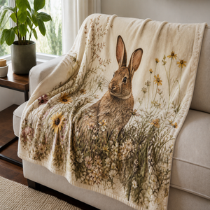 Custom Printed <b>Throw</b> Blanket Personalized Rabbit Wildflower Gift Sublimation Flannel Fleece Polyester - Product Image 1