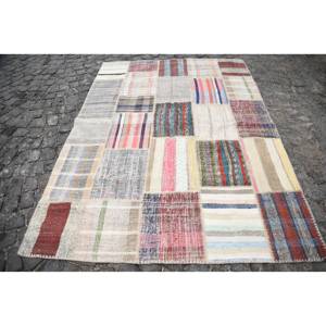 Alfombra Vintage de lana Beige de 5,6x7,6 pies estilo bohemio Patchwork hecho a mano turco rectángulo diseño de pasillo respaldo de látex para uso en la cabecera - Product Image 1