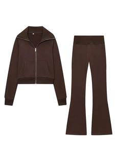 Pantalon long décontracté pour femme avec fermeture éclair, taille élastique, col rabattu, couleur unie, poches, manches longues respirantes pour l'hiver et l'automne - Product Image 3