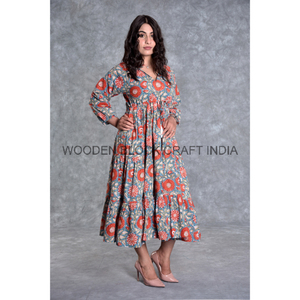 Vestido Midi Bohemio con Cuello en V, Manga 3/4, Holgado, Casual, Moderno, de Algodón Puro, Estampado Floral, Transpirable, Elegante, para Verano - Product Image 5