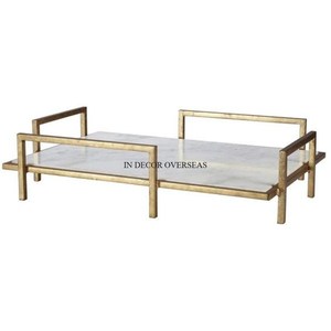 High Standard Quality Mango Wooden Made Oval Shape Serving Table Centerpiece <b>Tray</b> <b>With</b> Gold Plated Metal Flower Designer Handles - Product Image 6