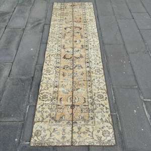 Alfombra Vintage de 2.4x8.6 pies, Alfombra Turca, Alfombra de Lana Abstracta Marrón y Azul - Product Image 1