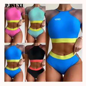 Hot Selling Nieuwe Transparante Dubbele Schouder Korte Mouw Bikini Driehoek Hoge Taille Kleur Stiksels Ontwerp Dames Badmode