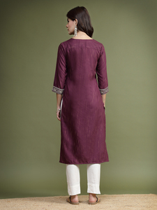 Kurtis para Mujer, Color Morado, Bordado, Adornado con Estampado Digital de Ramas, Manga 3/4, Poliéster, MP-683, Precio al por Mayor en India - Product Image 5