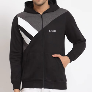 Sudadera con capucha de bloque de Color negro para hombre, cremallera completa con dos bolsillos, cómoda, transpirable, logotipo personalizado, básico, mezcla de algodón - Product Image 5