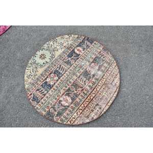 Alfombra Turca Redonda de 3.2x3.2 pies, Alfombra Vintage, Alfombra de Lana con Diseño de Plantas y Árboles en Azul y Marrón - Product Image 2