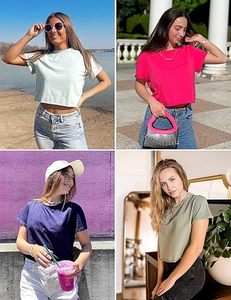 2025, Tops cortos de verano para mujer, camisetas de cuello redondo de manga corta sólidas informales de la mejor calidad, camisetas de punto de tendencia completa teñidas simples - Product Image 6