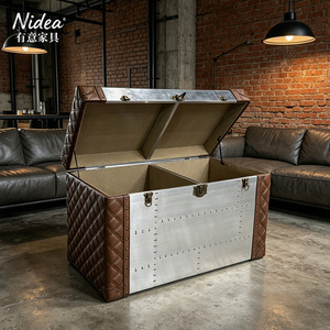 Baule portaoggetti di lusso in alluminio aeronautico con lati in pelle trapuntata, tavolino da caffè a sollevamento rapido in stile industriale, baule vintage - Product Image 2