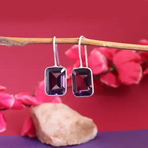 Pendientes de Gota de Amatista con Piedras Preciosas Moradas para Mujer, Joyería de Moda en Color Plata - Product Image 1
