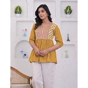 เสื้อสั้นพิมพ์ลายมัสตาร์ดผ้าฝ้ายระบายอากาศได้ดีตกแต่งแบบปัก - Product Image 5