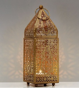 Distressed whitewashed metal iron <b>lantern</b> with arched windows and <b>large</b> capacity for big pillar candles and decor accents - Product Image 3