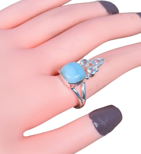 Anillo de piedras preciosas Larimar de Plata de Ley 925, joyería hecha a mano, anillo de estilo bohemio de plata, joyería para mujer, regalo de boda para esposa - Product Image 1