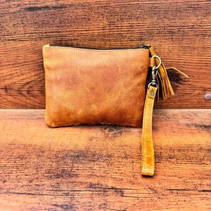 Hot Sale Western Hair on Tooled Leather Wristlet Purse for Women's Genuine Leather Tassel Pouch Floral Tooled Tan Cowhide Clutch - Product Image 3