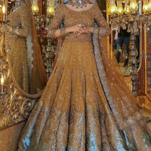DESIGNER BRIDAL FLOOR-LENGTH & <b>DUPATTA</b> DRESS on SATIN FABRIC WITH EMBELLISHED CRYSTAL GLASS BEADS,DABKA WORK for WEDDING=2025 - Product Image 1