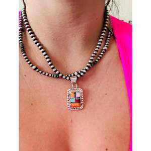 Southwest Style Cobblestone Pendant with Multi-Stone & Sterling Silver Bezel Setting Inlay - Product Image 2