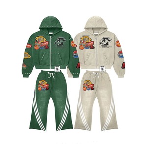 Lightweight Printed Cotton Acid Washed Vintage Sunfaded Winter Casual <b>Hoodie</b> Sweatpants Sets Unisex Eco-Friendly Custom - Product Image 4