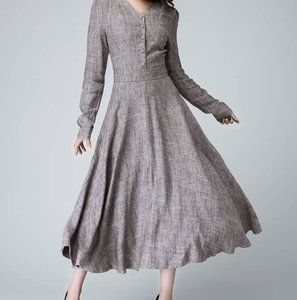 Maxi vestido orgánico de lino de estilo bohemio para mujer cómodo botón frontal de lactancia cuello redondo Natural agradable a la piel disfrutar - Product Image 3