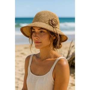 Sombrero de Paja Tejido a Mano Color Camel con Rayas Café, Accesorio de Protección Solar para Playa y Aire Libre HSR2095 - camel2095 - Product Image 1