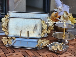 Luxury Leaf Design Silver & Gold Metal Serving Tray <b>Set</b> with Decorative 2-Tier Cupcake <b>Stand</b> for Home Decor - Product Image 3