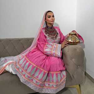 Custom Manufacturers Modern Vintage Afghan Kuchi Women's A-Line Midi Dress <b>Pink</b> Embroidery Design Modest Formal Wedding Dress - Product Image 2