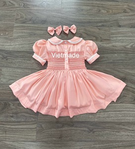 Wholesales Dress Smocked Handmade Style Hand Smock 100% Cotton Clothing Pink Dress <b>Petticoat</b> Baby Girl ODM OEM Clothing - Product Image 5