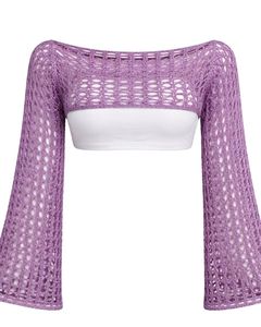 <b>Womens</b> Purple Crochet Knit <b>Cropped</b> Sweater Open Weave Off Shoulder Style Long Flare Sleeves Lightweight Fashion Top - Product Image 1
