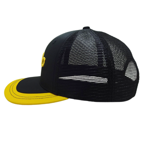 หมวกทรูเกอร์สีดำสีเหลือง6แผงออกแบบได้ตามต้องการ3D ปักโลโก้บนขอบพลาสติกหัวเข็มขัดกระดุมแถวเดียว - Product Image 3
