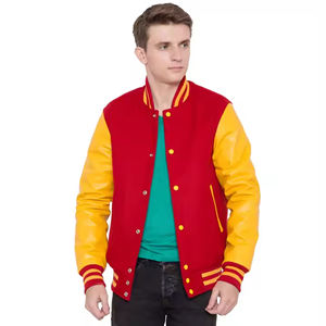 Varsity Jacket 100% Cuerpo de lana de Cachemira y mangas de cuero de vaca genuino Red & Golden CollegeBaseballjacket para hombres - Product Image 6